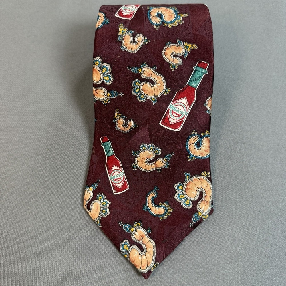 Tabasco Hot Sauce Mens 100% Silk Neck Tie Seafood Shrimp, Made In USA 57"